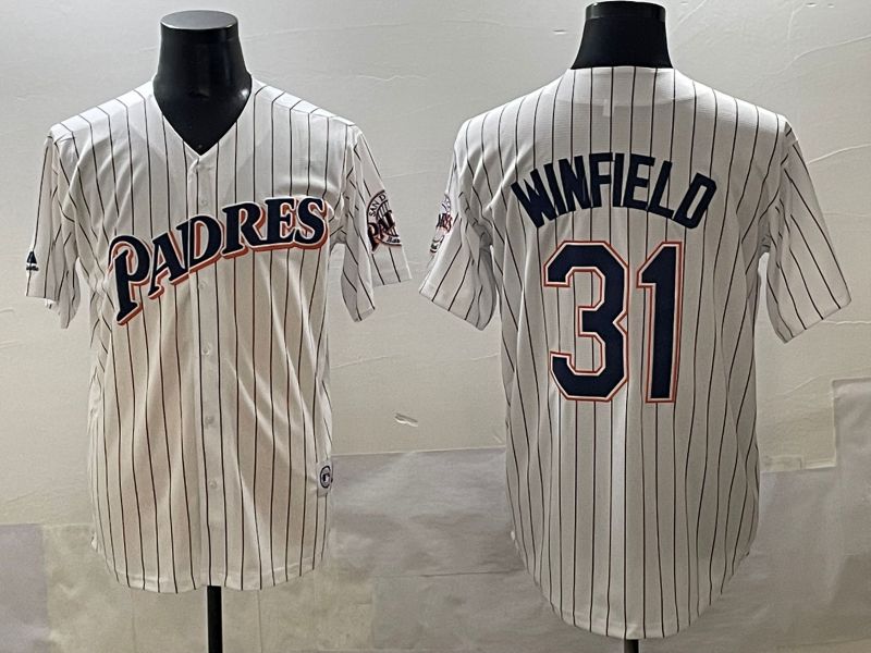 Men 2025 San Diego Padres #31 Winfield White Stripe Throwback Game Nike MLB Jersey style 1
